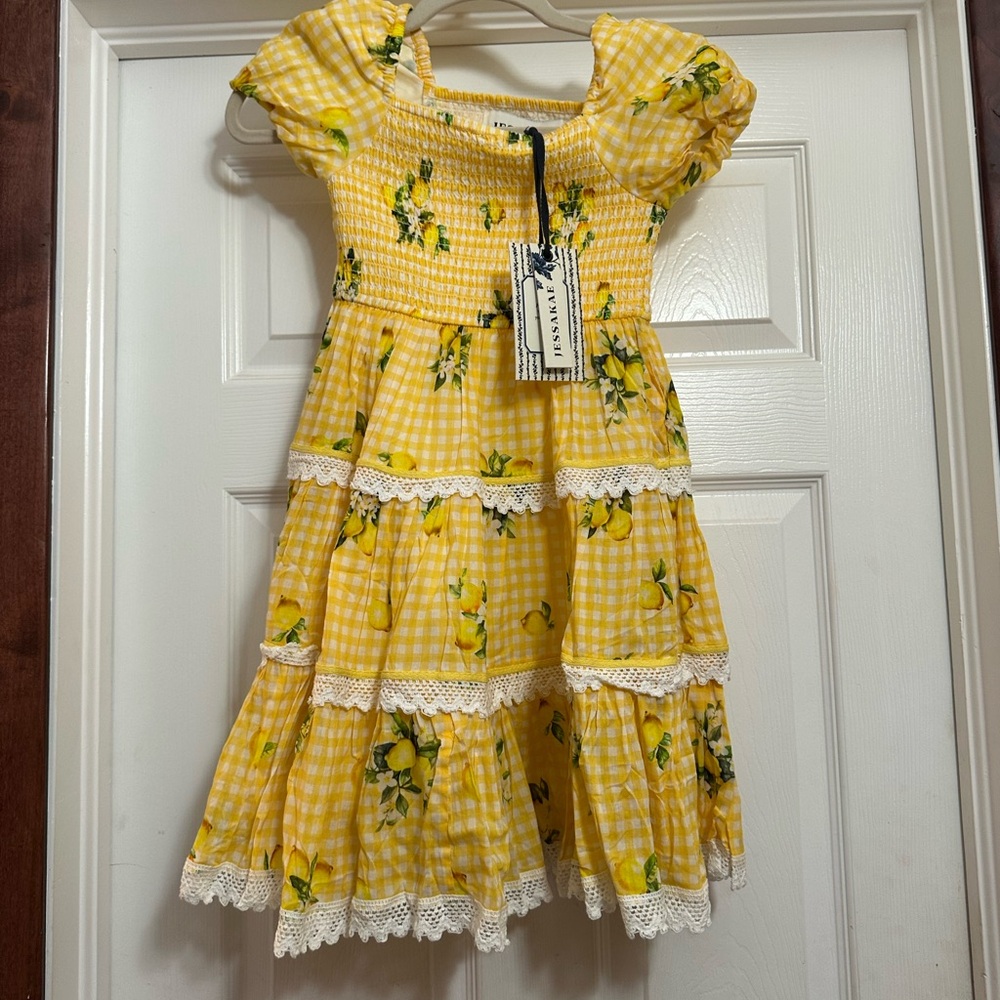 JessaKae Yellow Gingham Lemon Print Tiered Dress